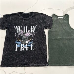 Wild and Free Black Graphic Tee and Green Tank Top Set - Vici